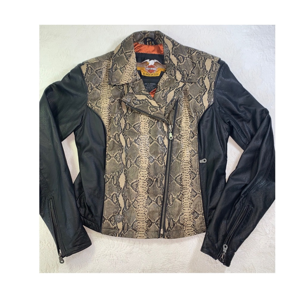 Harley-Davidson Womens Snakeskin Print Leather Biker Moto Jacket Black Small